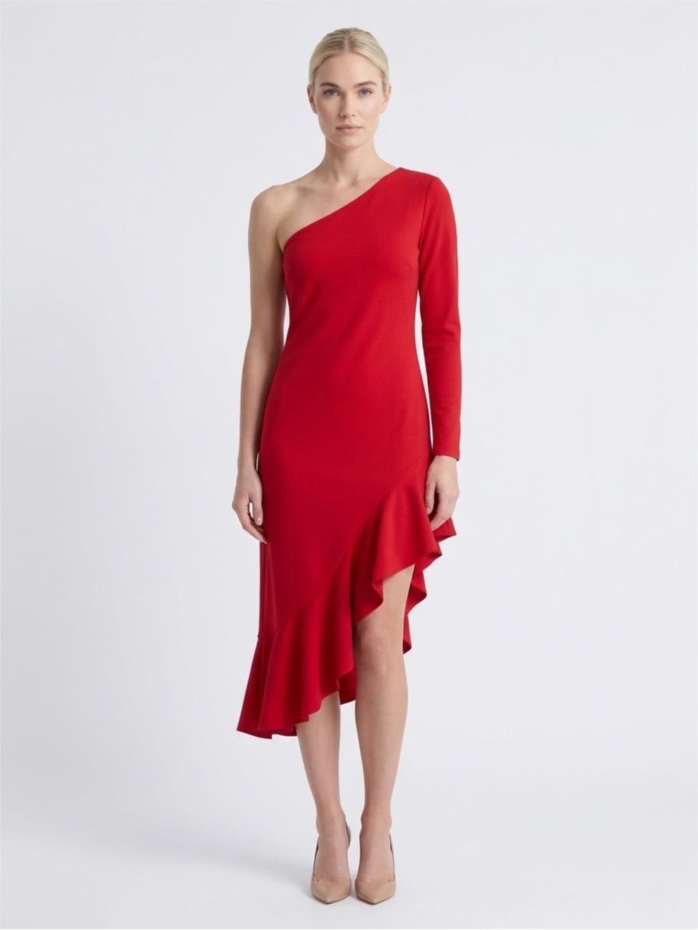 Susana Monaco Red One-Shoulder Ruffle Gown- Woman in RED!